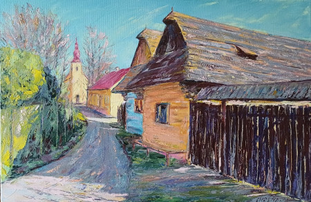 Vlkolínec - ulička ku kostolu, olej, 40x60, 2025