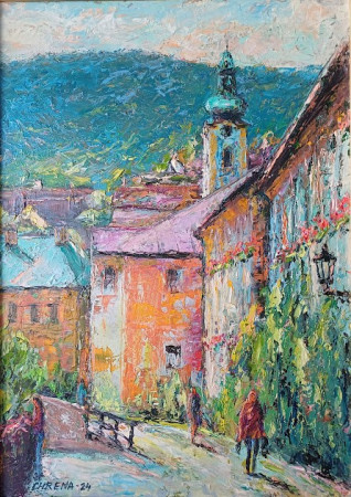 Banská Štiavnica - Ružová, akryl/olej, 48x36, 2024