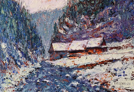 Zima na Oblazoch, akryl/olej, 33x43, 2025
