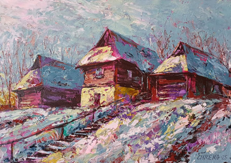 Zima na Hutách, akryl/olej, 33x43, 2025