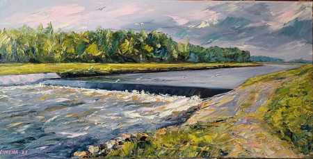 Splav na Morave v Adamove, olej, 40x80, 2025