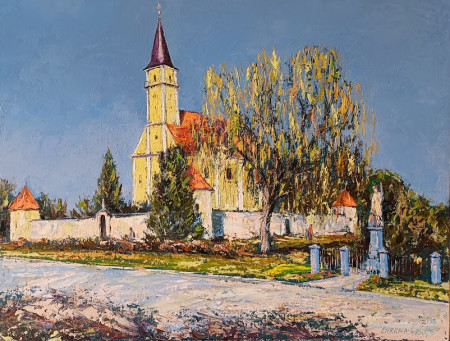 Kostol v Gajaroch, 54x70, akryl/olej, 2025